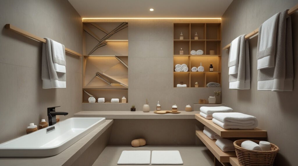 Banheiro canadense organizado com cestos identificados por pessoa e nichos separados para armazenamento