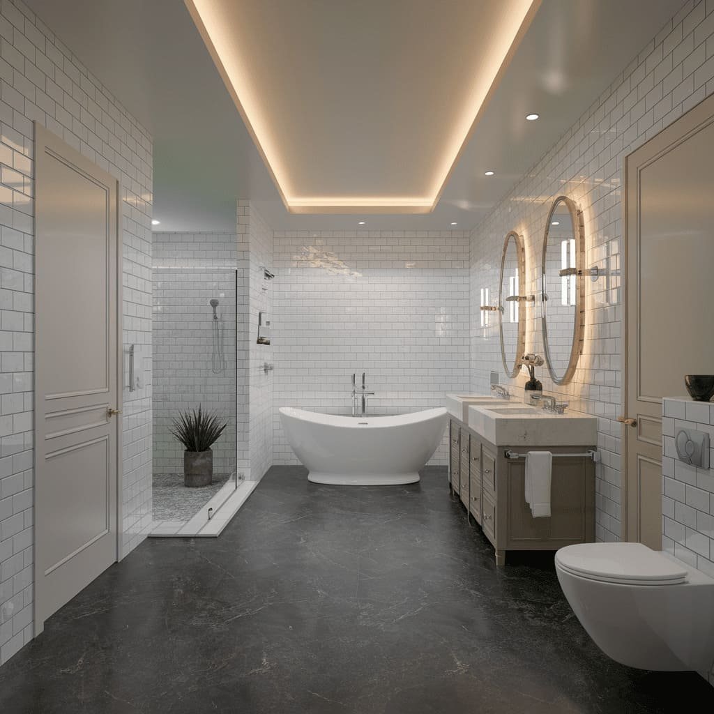 Banheiro canadense mostrando setorização entre zona seca com bancada dupla e zona molhada com box de vidro