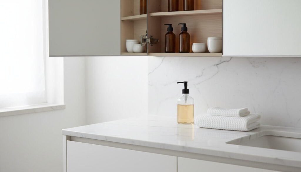 Bancada de banheiro minimalista com superfícies limpas e apenas produtos essenciais visíveis - organização funcional