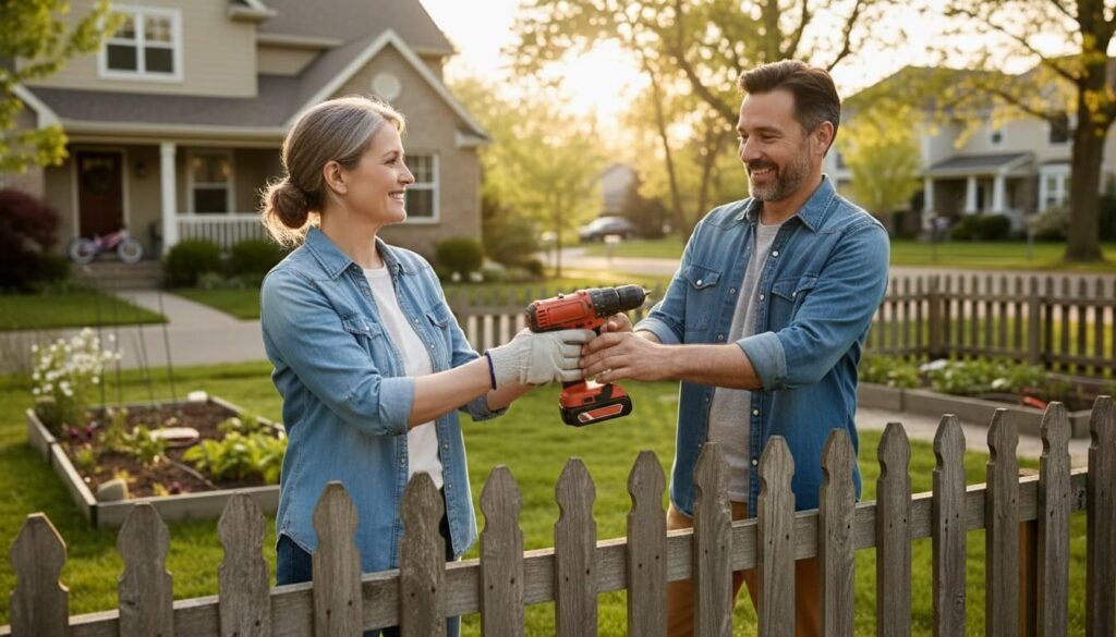 Vizinhos compartilhando ferramentas - economia colaborativa e rede de compartilhamento minimalista entre amigos