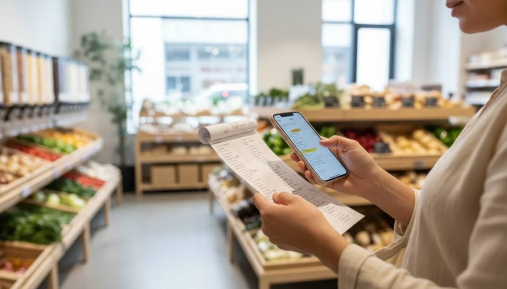 Pessoa consultando lista de compras conscientes antes de adquirir produtos - consumo minimalista planejado