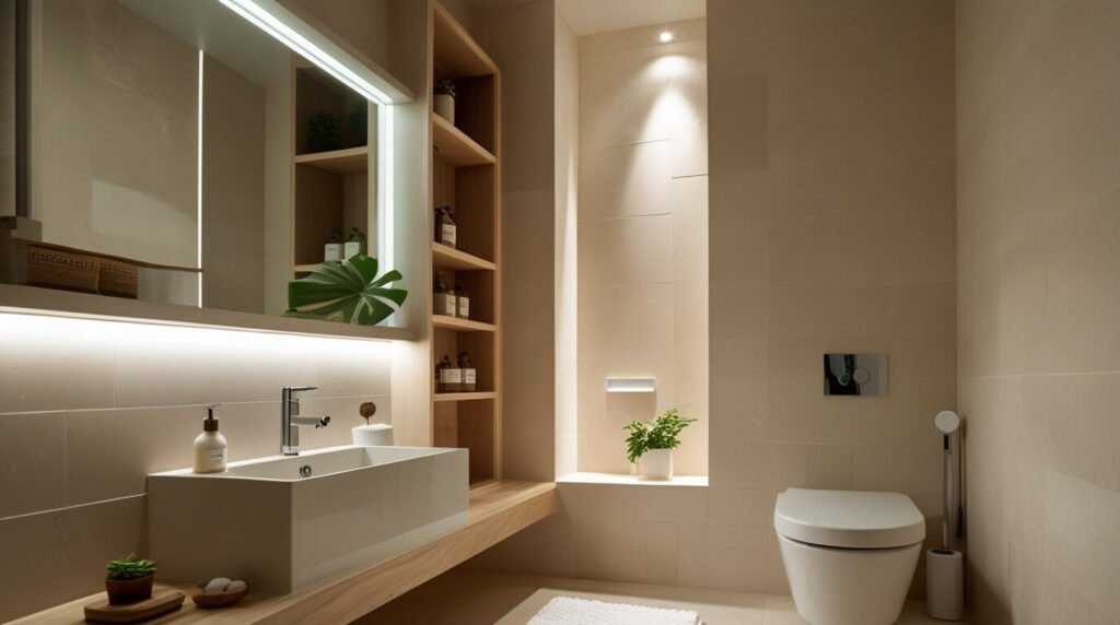 Decoração de banheiro canadense em tons claros com nichos embutidos e iluminação LED