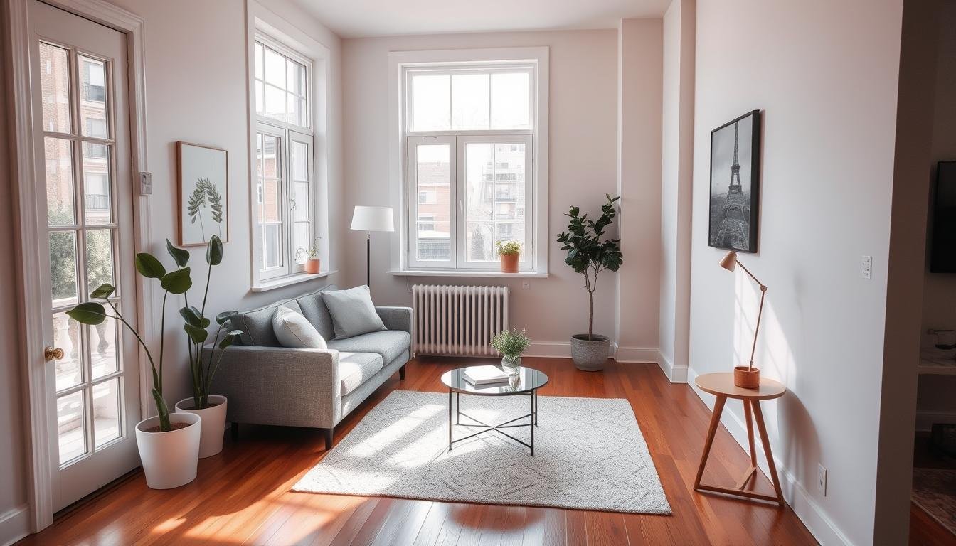 ideias de design para sala de estar pequena e barata