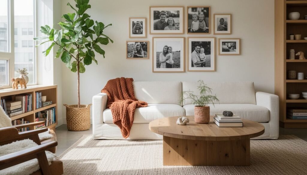 Casa minimalista aconchegante com personalidade: decoração com fotos de família, plantas e objetos com significado pessoal