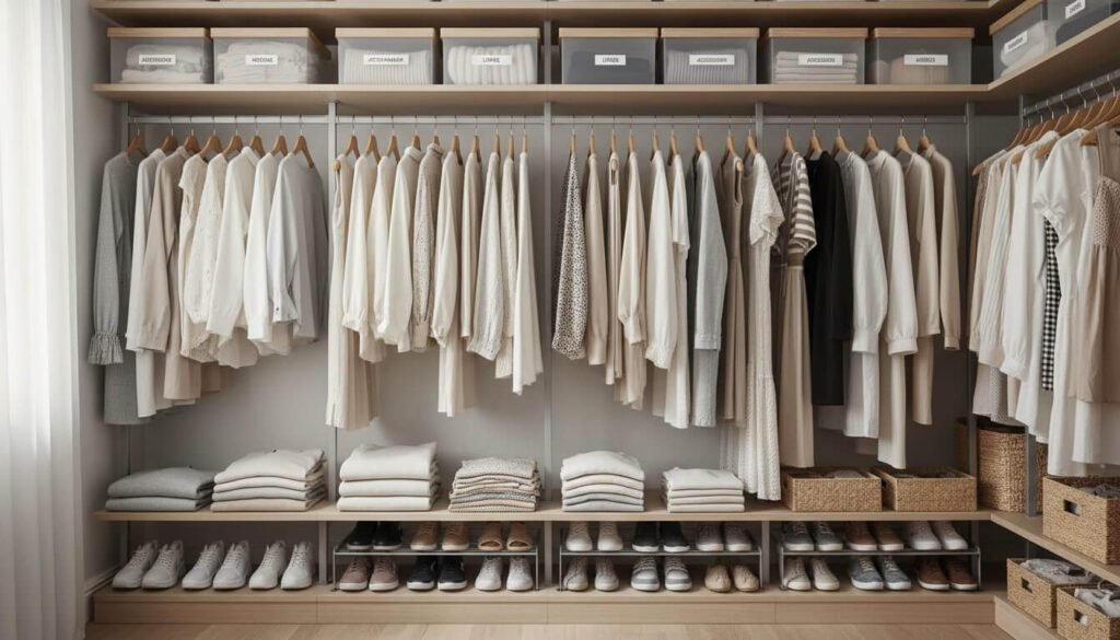 Armário minimalista organizado com roupas neutras em cabides de madeira, cada item com lugar fixo - organização inteligente