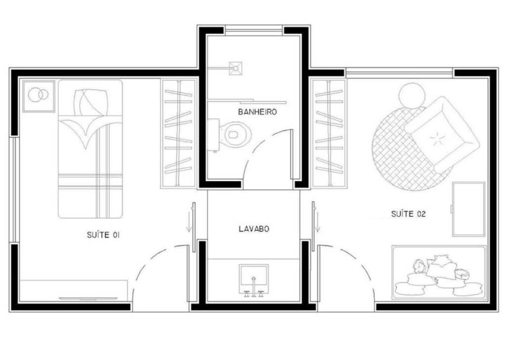 Planta baixa de apartamento mostrando banheiro canadense entre dois quartos com indicação das duas portas de acesso