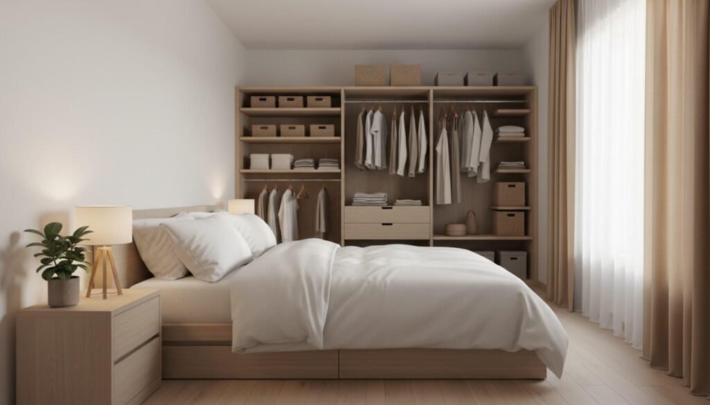 Quarto minimalista organizado com cama arrumada, superfícies limpas e decoração neutra - santuário de descanso