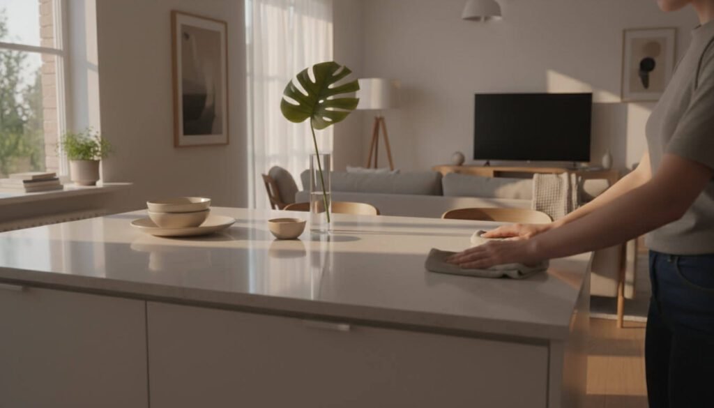 Rotina noturna de reset da casa: limpando superfícies e organizando cada objeto no seu lugar - manutenção diária minimalista