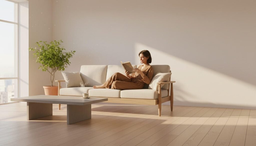 Pessoa relaxando em casa minimalista organizada após transformação - estilo de vida minimalista alcançado com sucesso