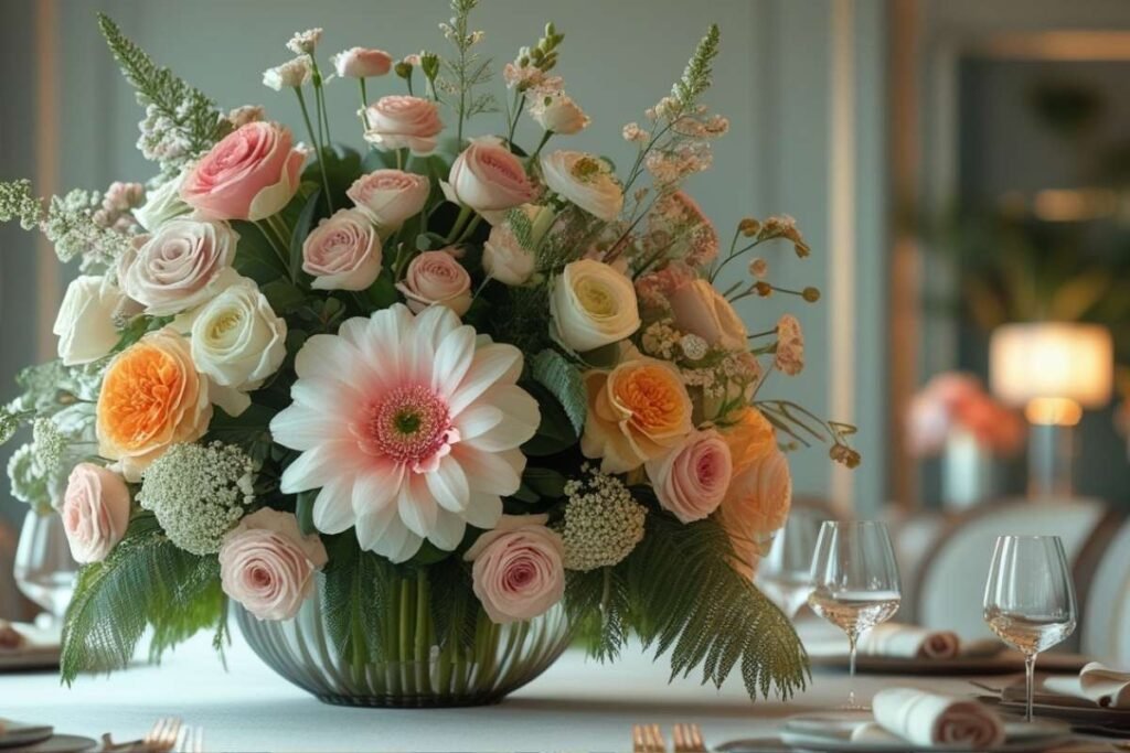 acabamento elegante com arranjos de flores simétricos