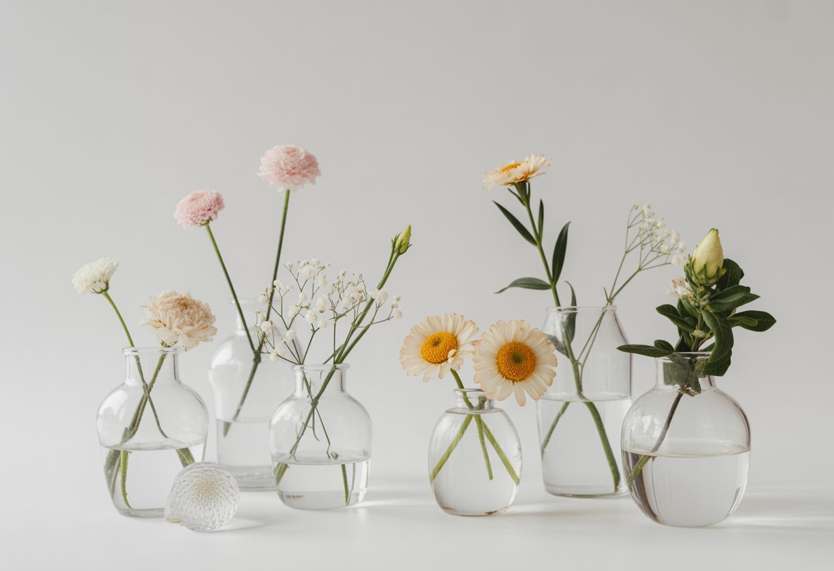 Arranjos simples de flores em vasos de vidro transparente sobre uma superfície clara.