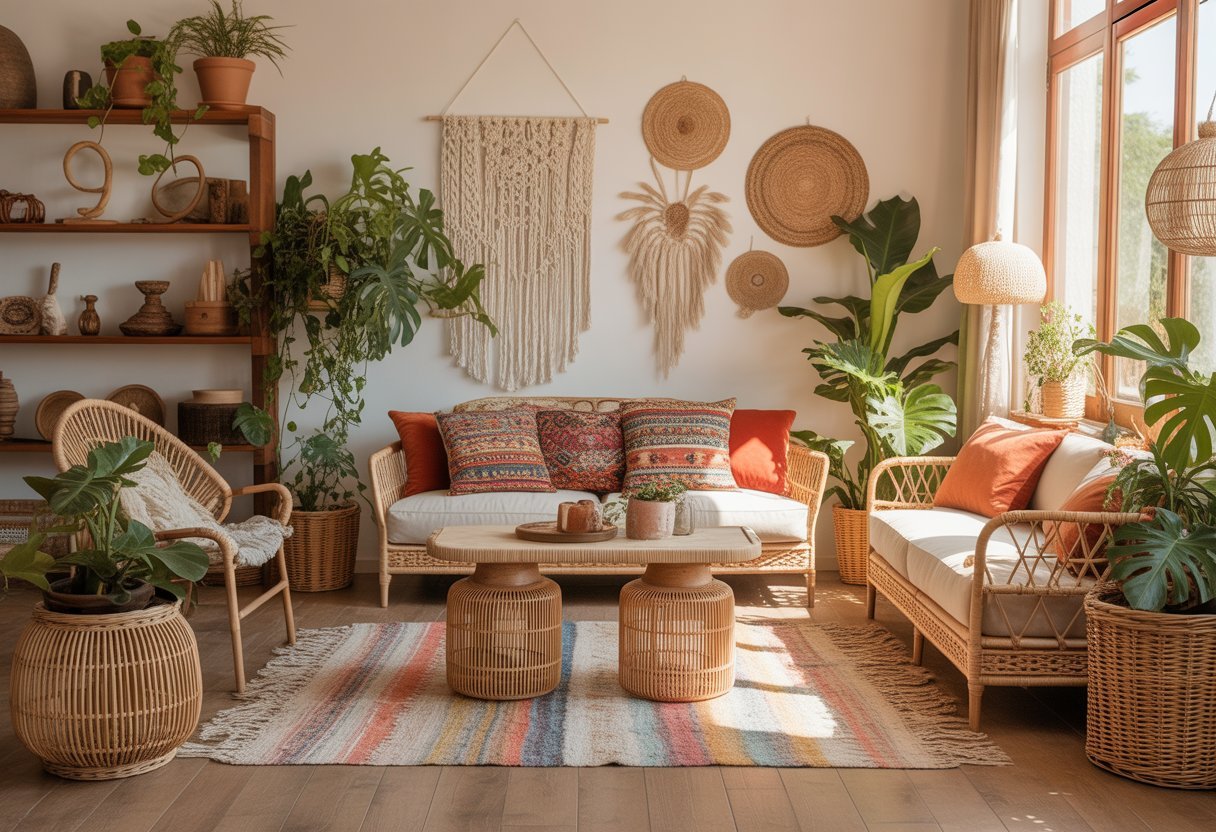 Sala de estar iluminada com móveis de vime, plantas em vasos, almofadas coloridas e decoração aconchegante.