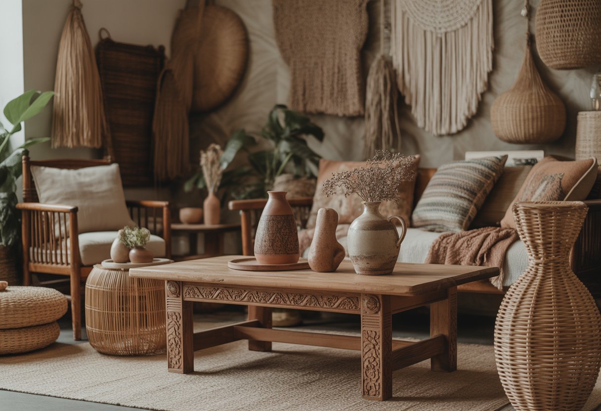 Ambiente interno com móveis de madeira artesanal, vasos cerâmicos, cestas trançadas, almofadas e plantas decorativas.