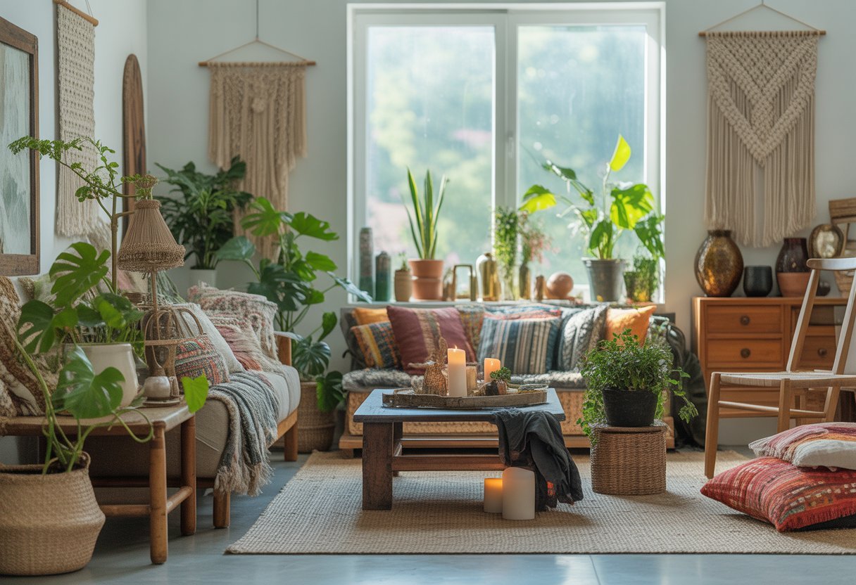 Sala de estar iluminada com sofá, almofadas, plantas e móveis de madeira, criando um ambiente acolhedor e harmonioso.
