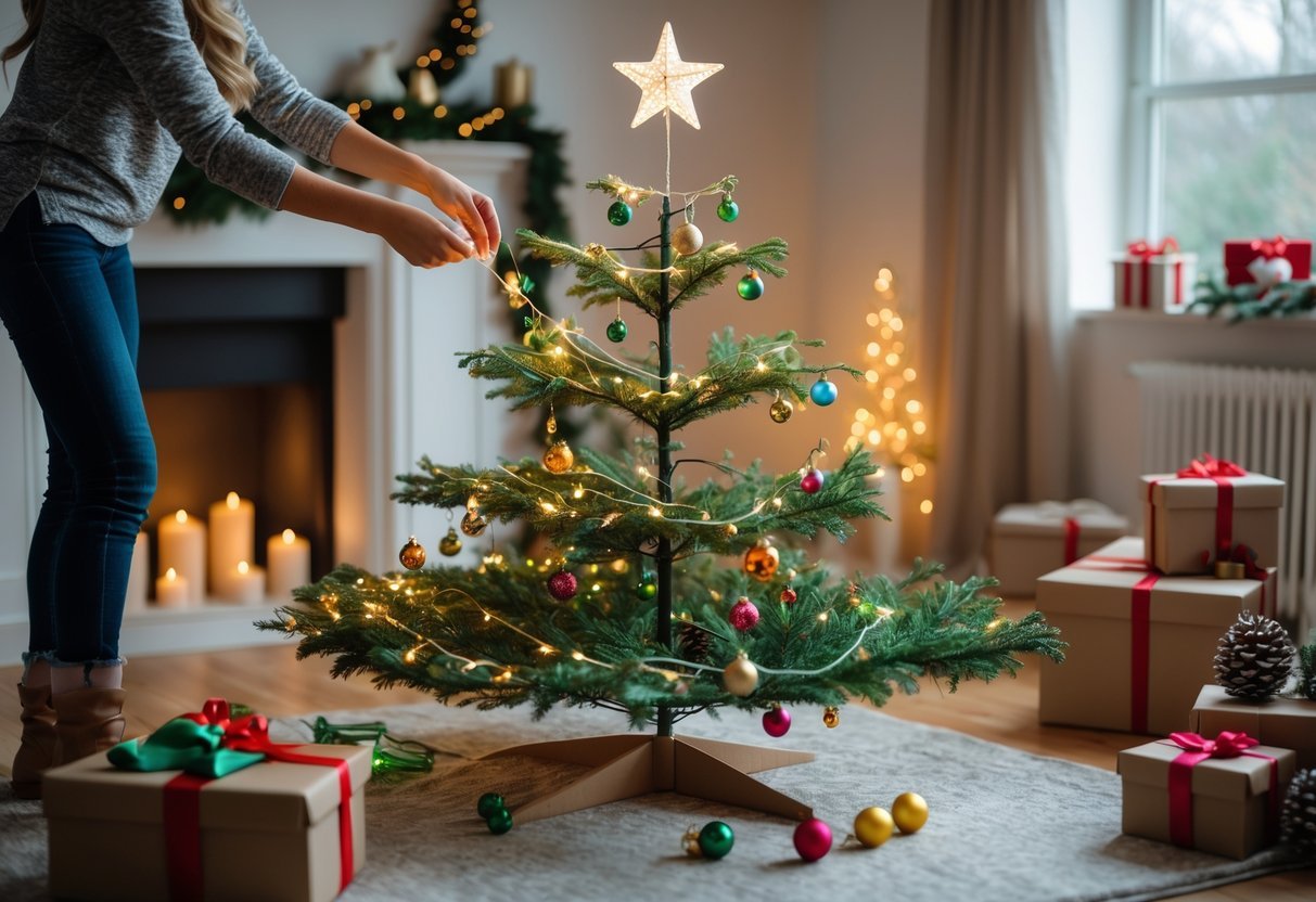 Pessoa montando uma árvore de Natal decorada em uma sala aconchegante com luz natural.