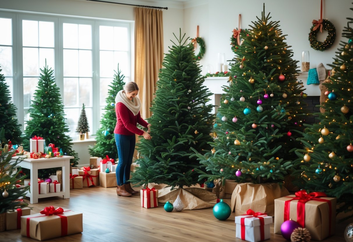Pessoa escolhendo e decorando uma árvore de Natal em uma sala aconchegante com enfeites natalinos ao redor.