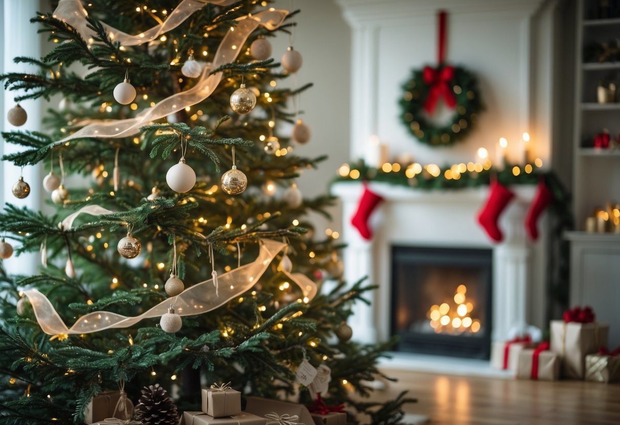 Árvore de Natal decorada com enfeites elegantes e luzes em uma sala aconchegante com presentes ao redor.