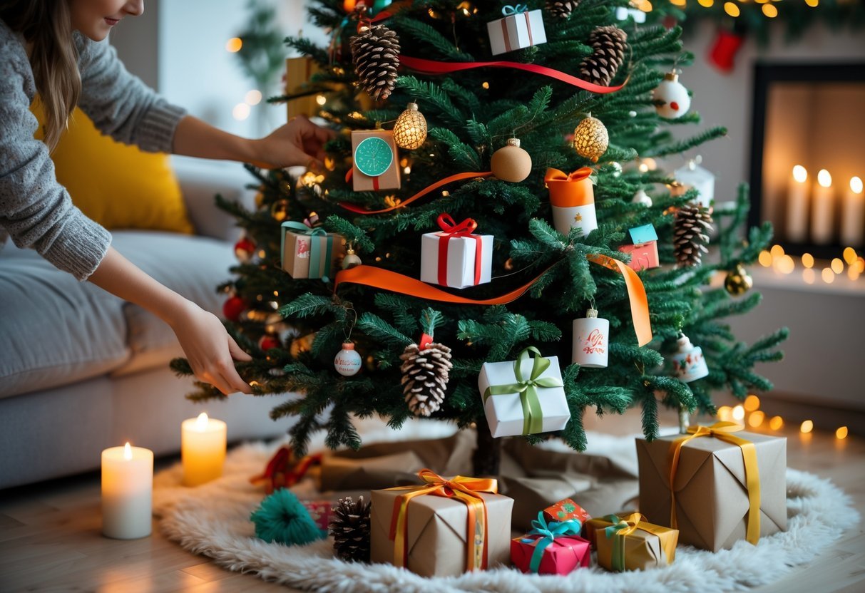 Pessoa montando uma árvore de Natal decorada com enfeites criativos em uma sala aconchegante.