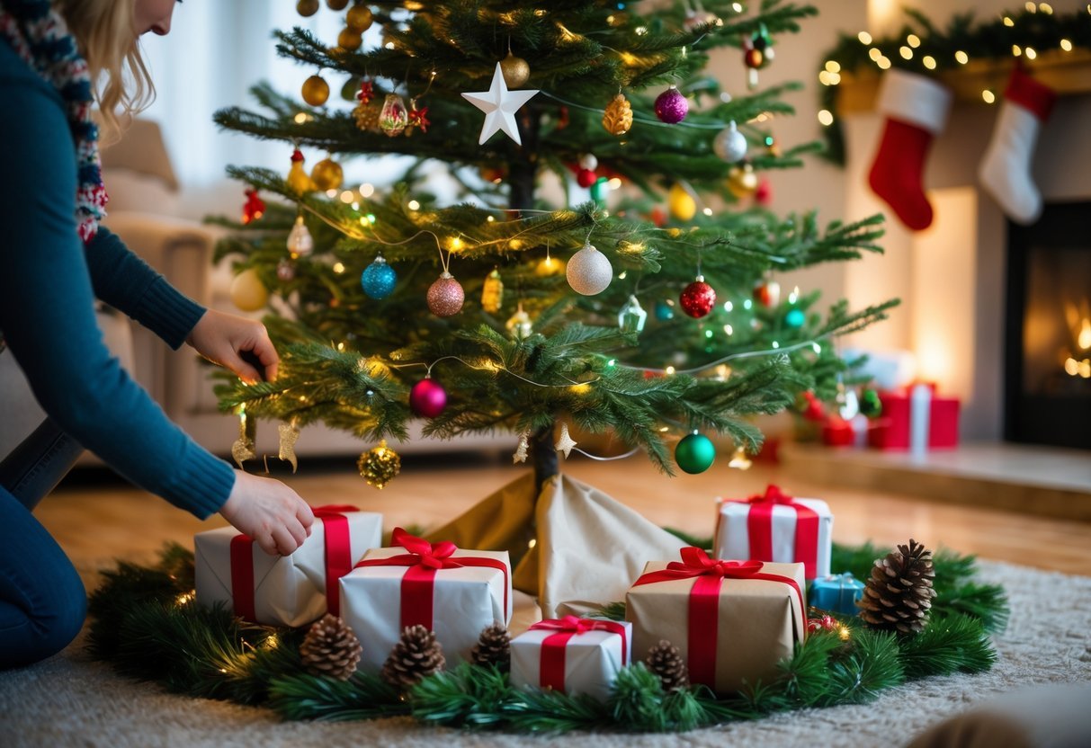Mãos decorando a base da árvore de Natal com saia de árvore e presentes ao redor em uma sala aconchegante.