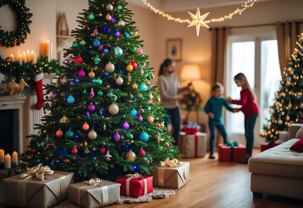 Árvore de Natal decorada em sala aconchegante com presentes e família arrumando enfeites.