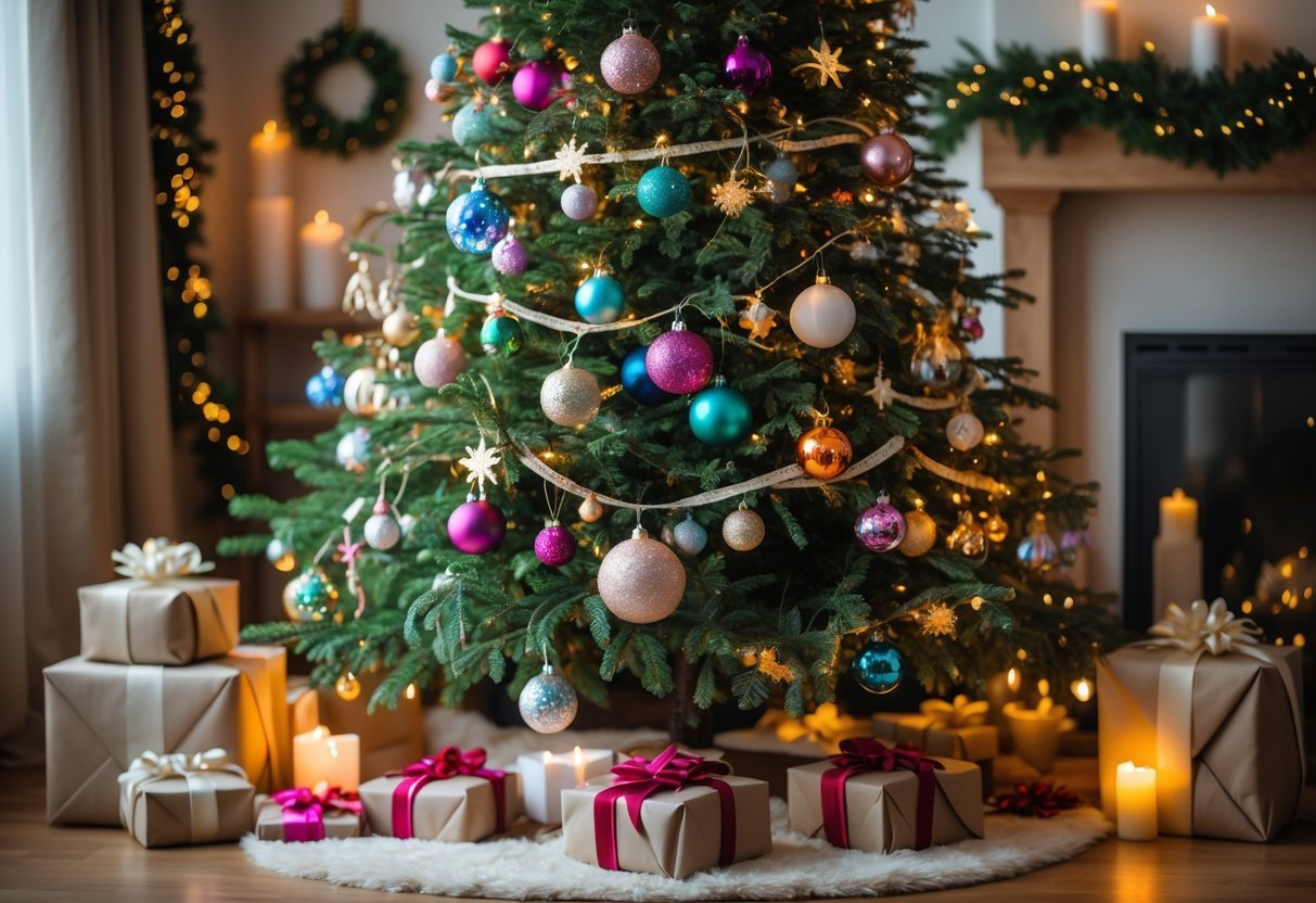 Árvore de Natal decorada com enfeites coloridos e presentes ao redor em uma sala aconchegante.
