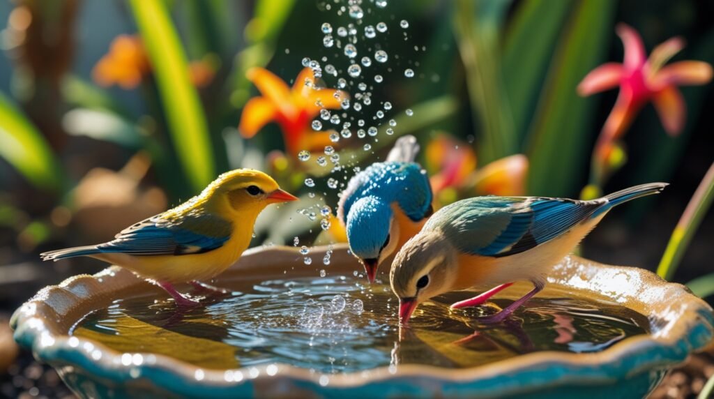 Pássaros e banhando em bebedouro de cerâmica rasa em jardim tropical mostrando como atrair avifauna com água fresca