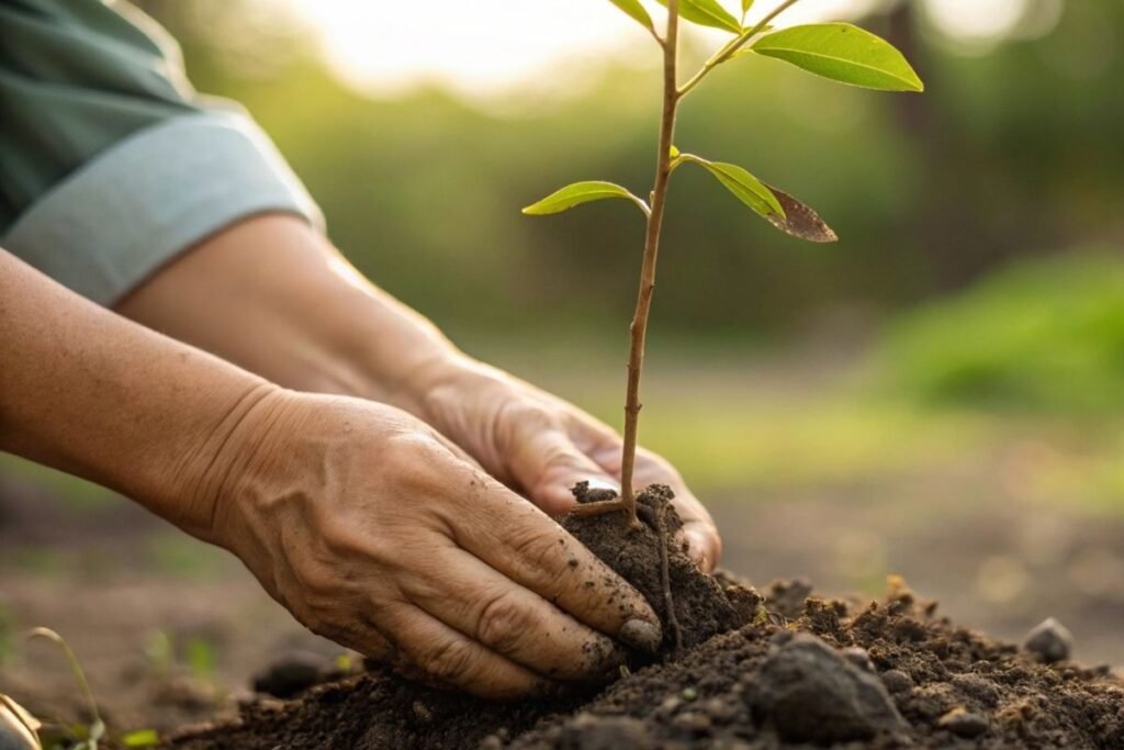 Mãos plantando uma muda de jabuticaba em solo fértil, 