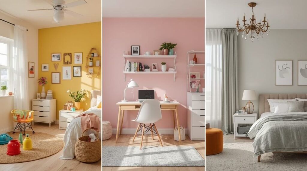 comparativo de quartos femininos paradiferentes idades: criança, jovem e maduro.