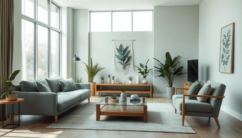 decoração verde e cinza sala minimalista moderna