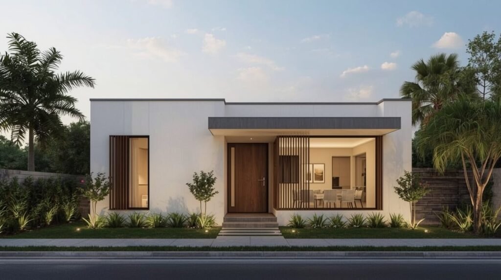 fachada de casa simples com cores neutras e harmonicas