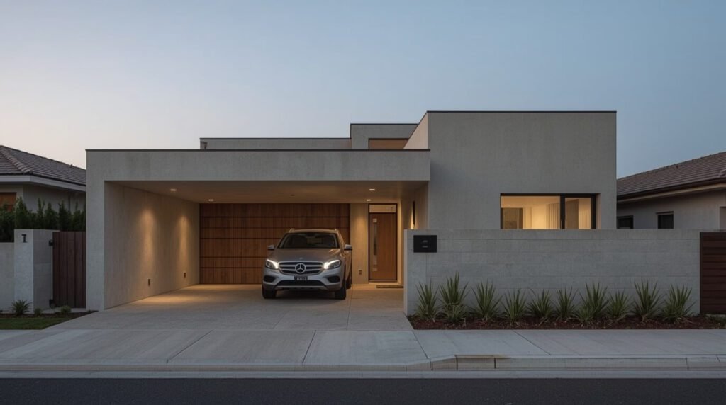 fachada de casa moderna com garagem aberta