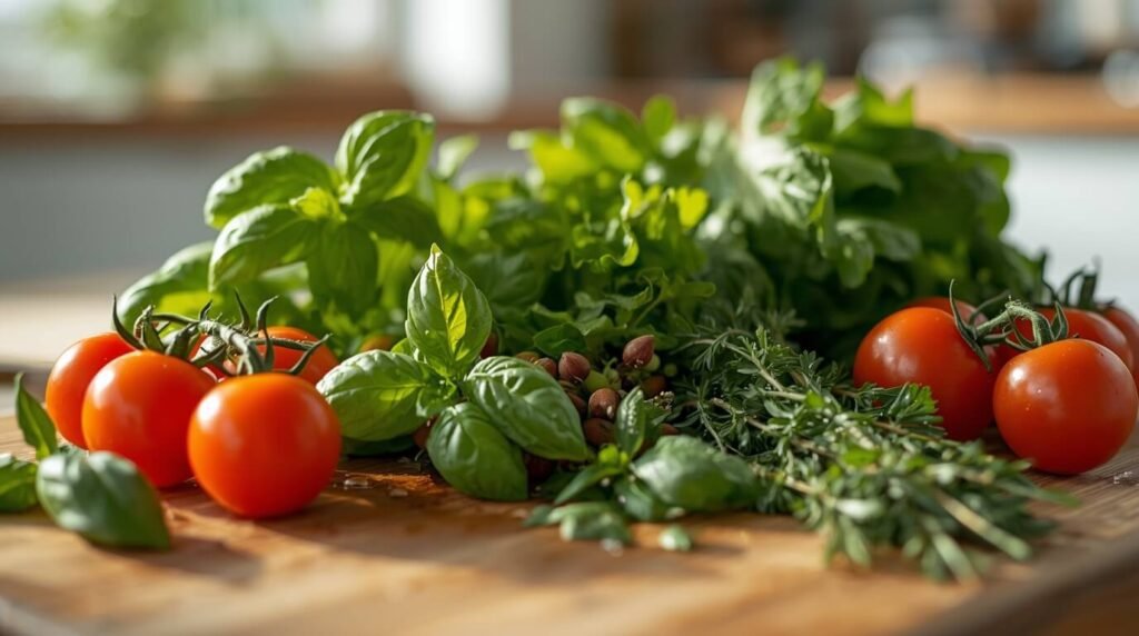 ervas e tomates frescos e orgânicos colhidos na hora