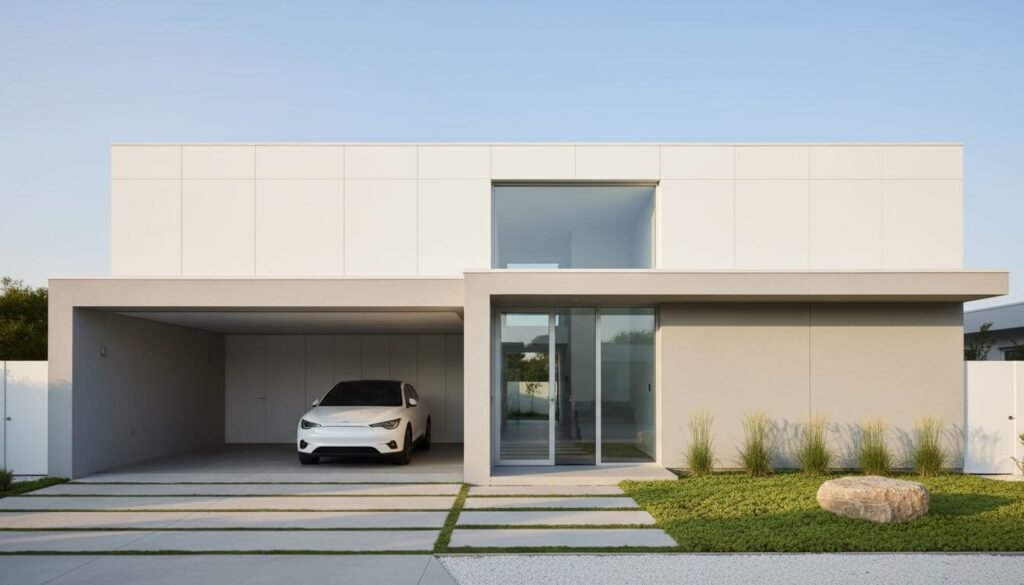 garagem na frente de casa com fachada clean