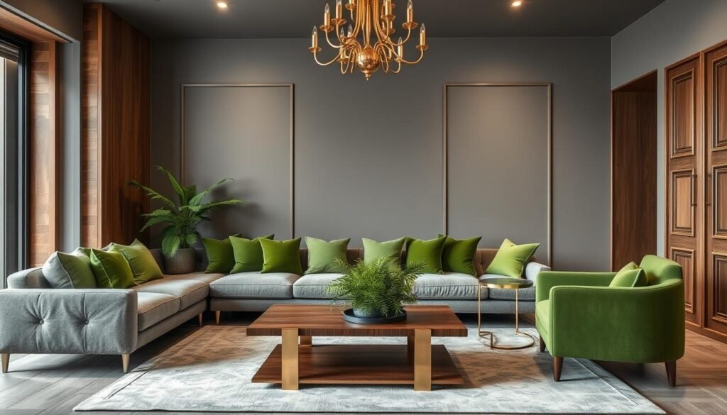 sala moderna verde e cinza com detalhes em madeira e dourado