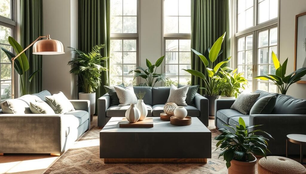 sala verde e cinza com acessórios decorativos