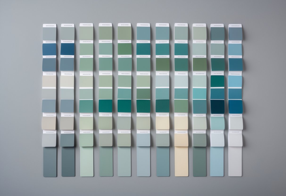 Várias amostras de cores organizadas sobre uma superfície cinza, mostrando diferentes tonalidades que combinam com cinza.