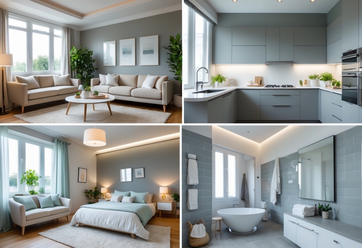 Quatro cômodos de uma casa mostrando diferentes usos da cor cinza: sala de estar, cozinha, quarto e banheiro, todos decorados com combinações harmoniosas de cores.