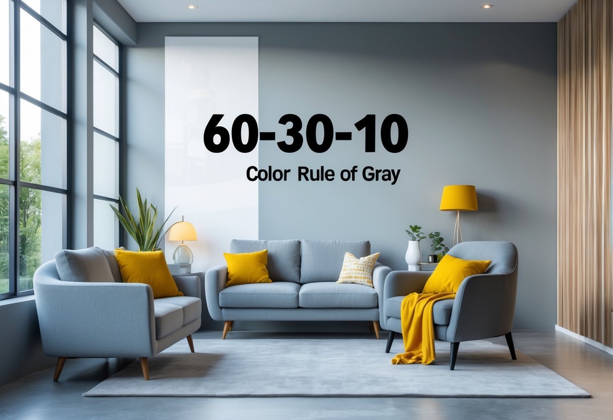 Interior moderno com paredes cinza claro, móveis cinza médio e pequenos objetos coloridos em amarelo, mostrando combinação de cores.