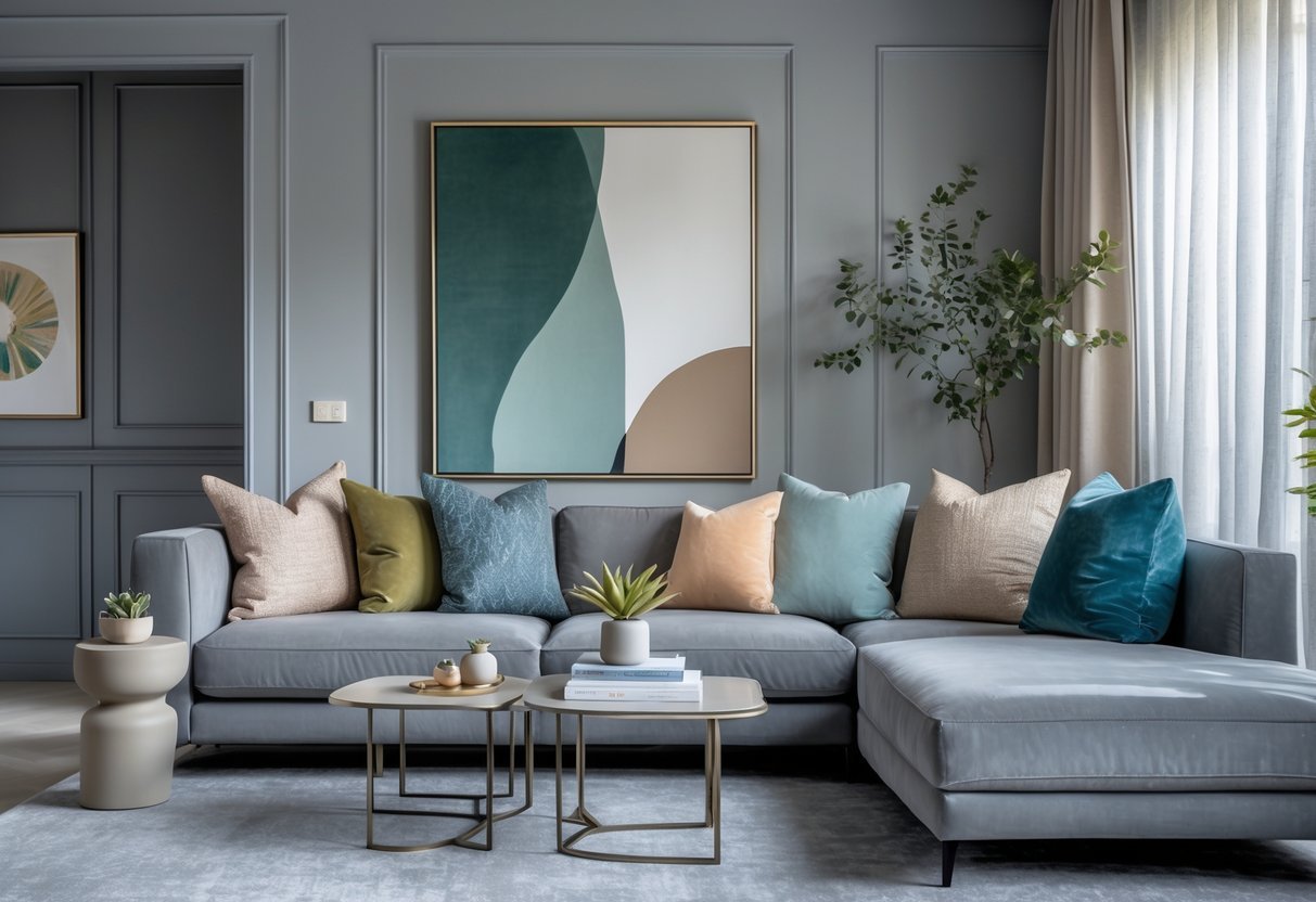 Sala de estar moderna com sofá cinza e decoração em cores que combinam com cinza, incluindo plantas e objetos decorativos.