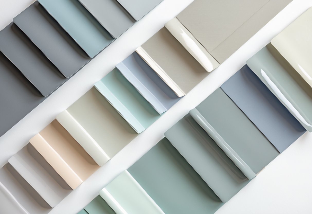 Paleta de cores com diferentes tons de cinza combinados com azul, bege e verde, dispostos sobre fundo branco.