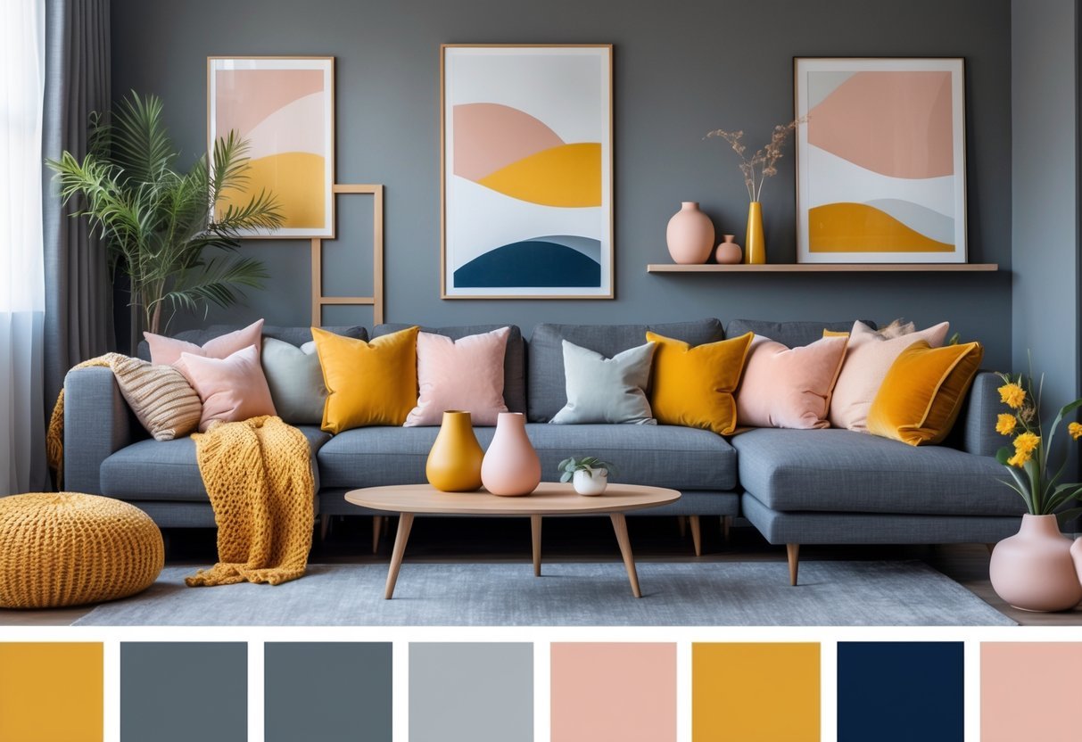 Sala de estar moderna com paredes e móveis cinza, decorada com almofadas amarelas, objetos rosa e azul marinho.