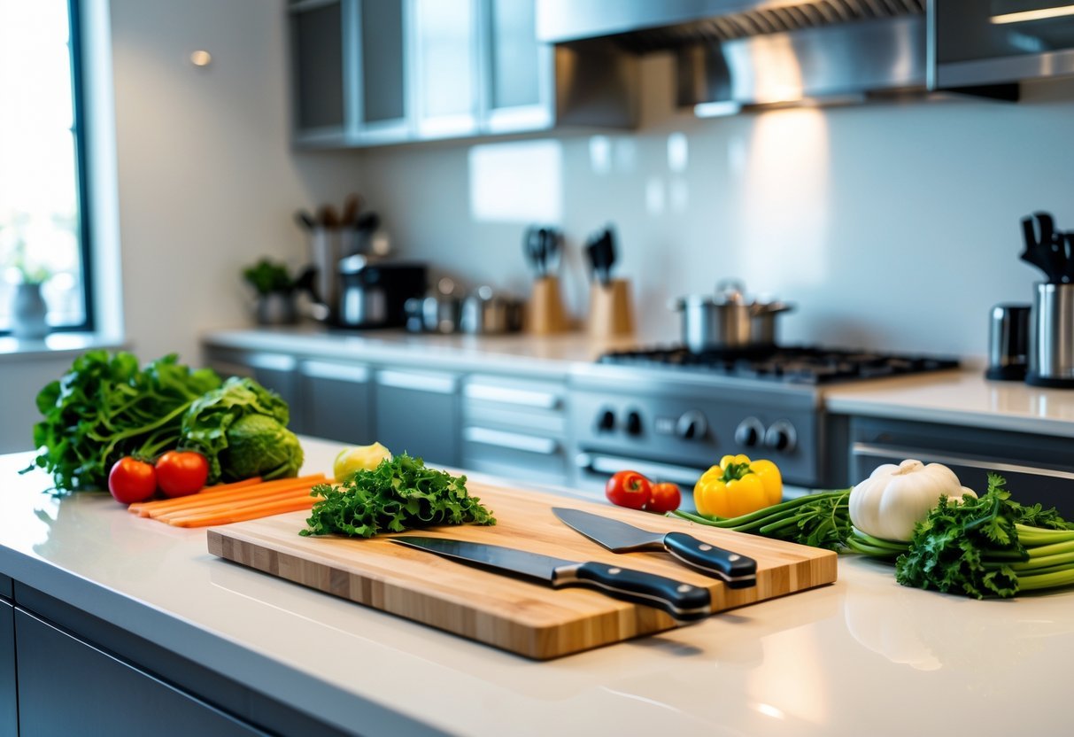 Área de preparo de cozinha organizada com bancada limpa, tábua de corte, faca e utensílios, em ambiente moderno.