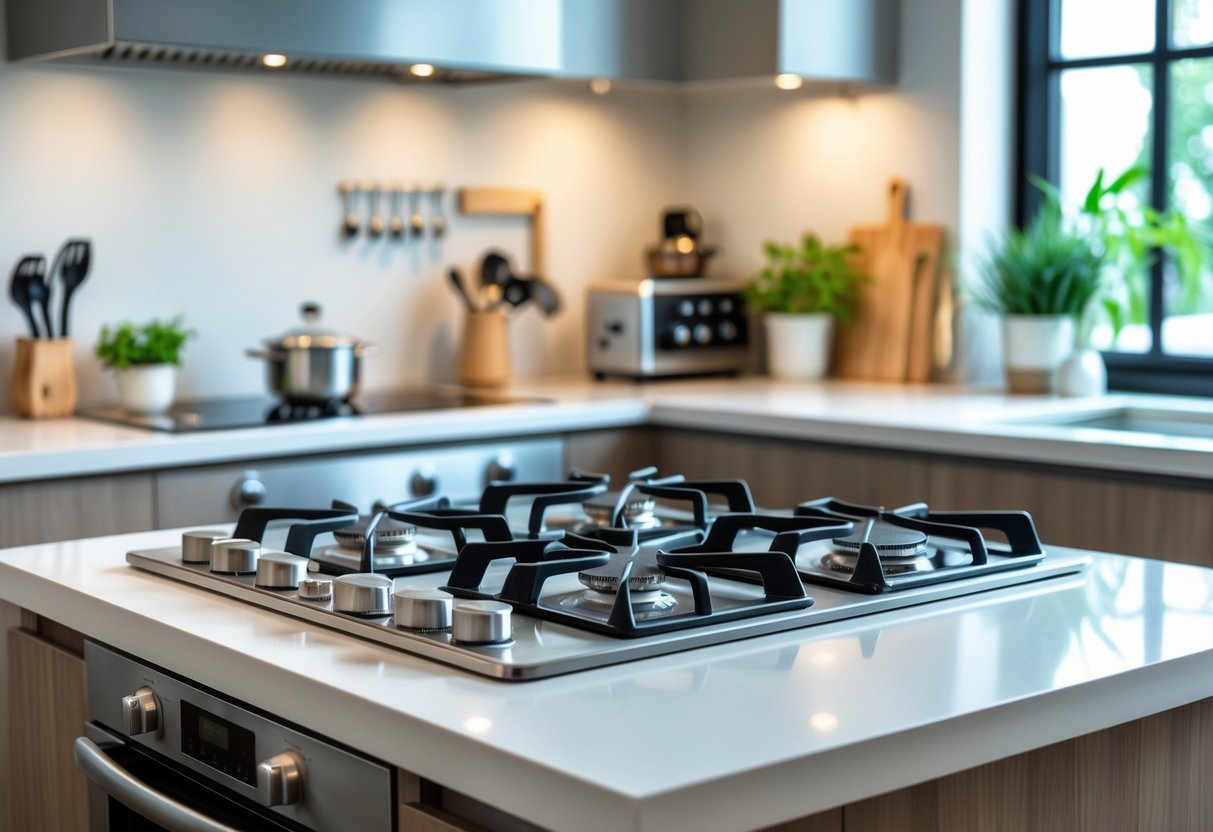 Área de cocção organizada com fogão moderno e forno embutido em cozinha limpa e arrumada.