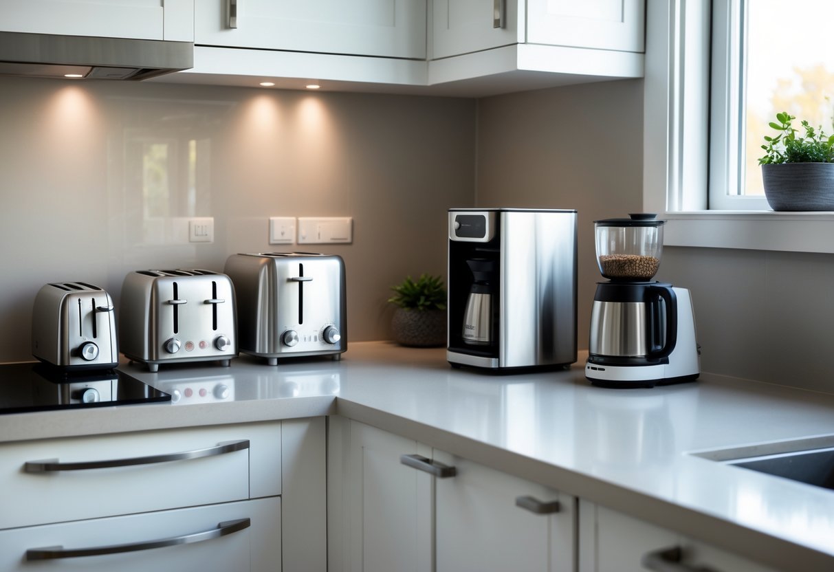 Área de eletrodomésticos organizada em cozinha com bancada limpa e aparelhos pequenos arrumados.