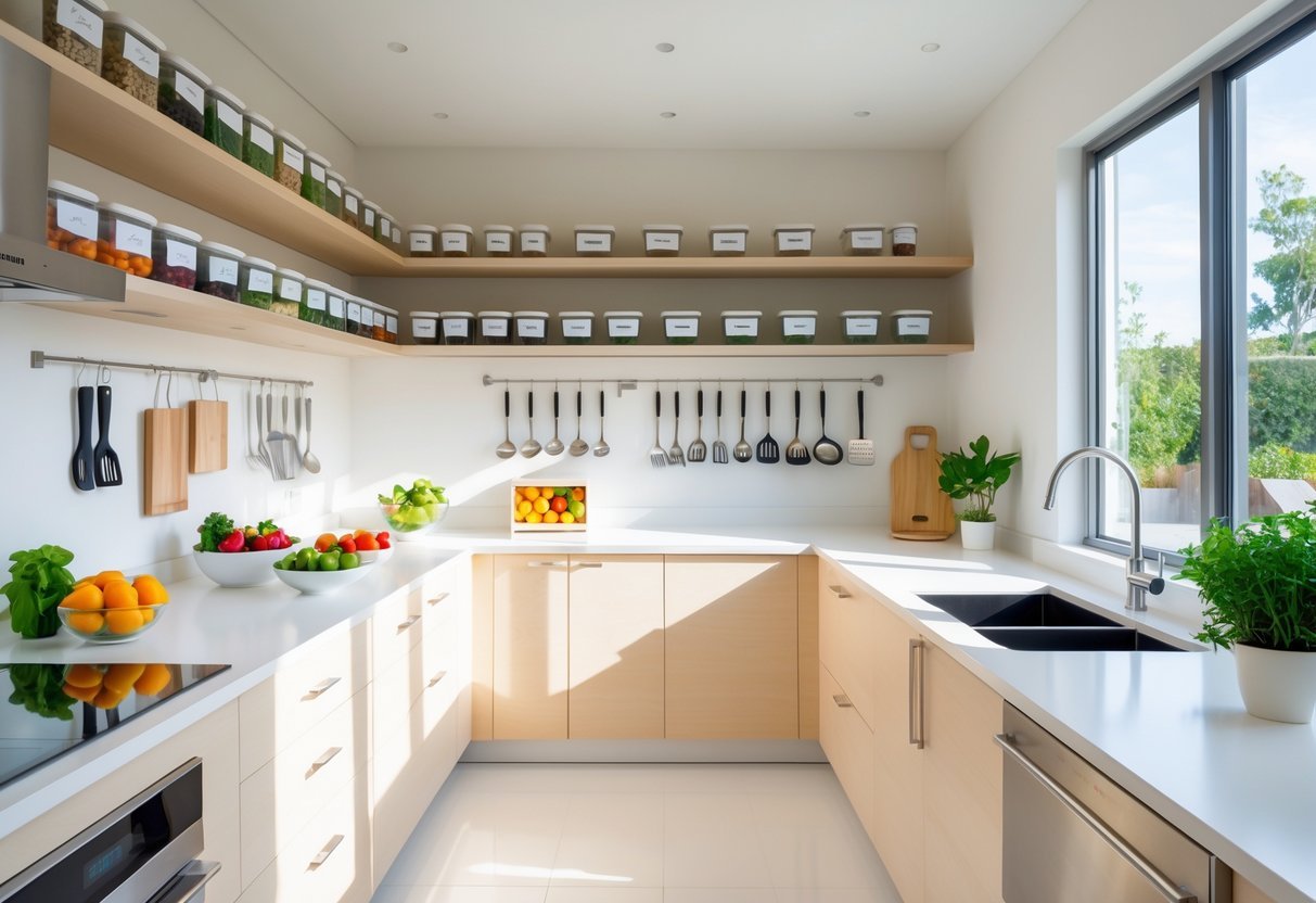 Cozinha moderna e organizada com prateleiras arrumadas, frutas frescas, utensílios pendurados e bancada limpa iluminada por luz natural.