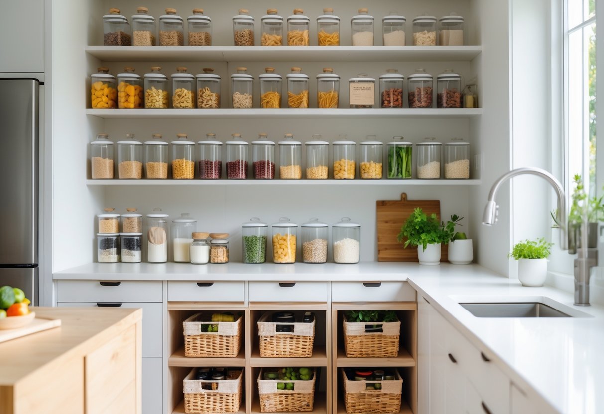 Despensa e armários de cozinha organizados com potes transparentes, cestos e prateleiras limpas e arrumadas.