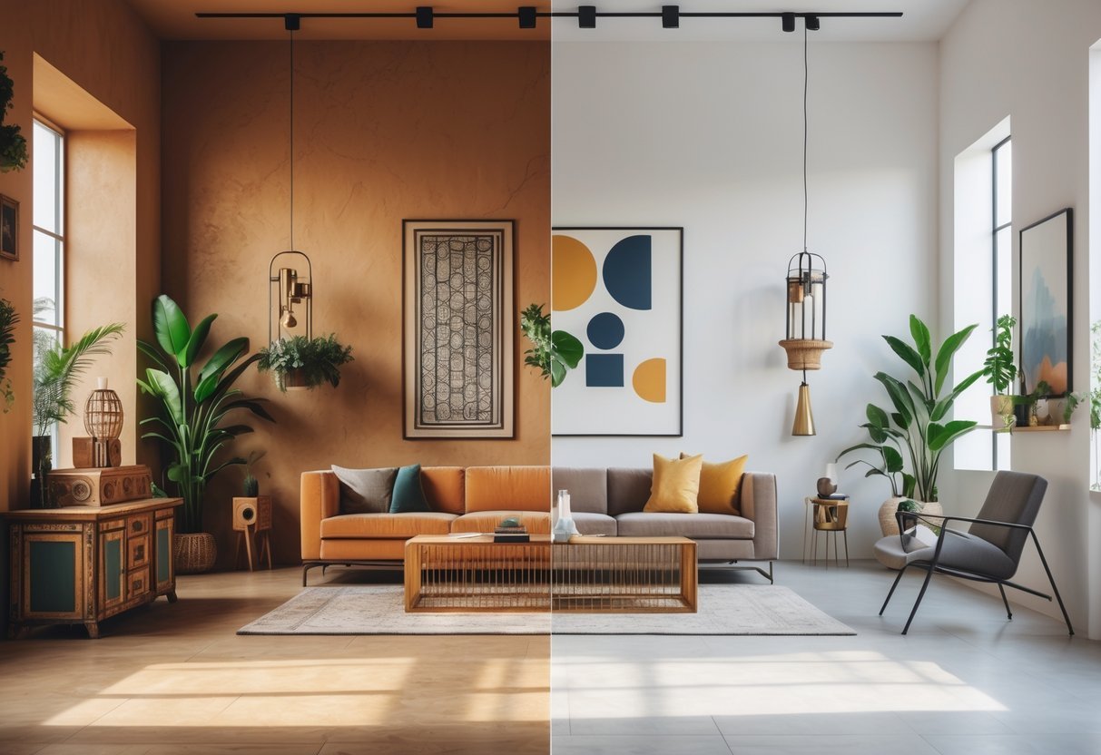 Dois ambientes lado a lado mostrando a diferença entre tendências de decoração de 2025 e 2026, com móveis e cores distintas em cada lado.