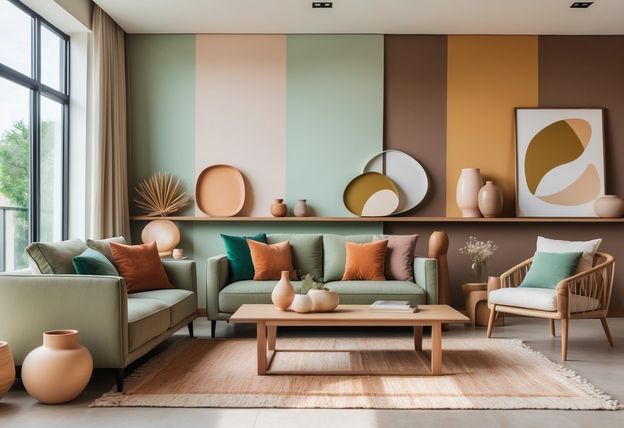 Sala de estar moderna com móveis e decoração em cores suaves e vibrantes, iluminada por luz natural.