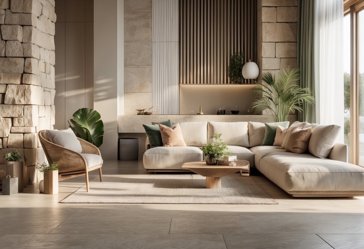 Sala de estar moderna com diferentes materiais e texturas, incluindo madeira, cerâmica, tecidos e metal, iluminada por luz natural.