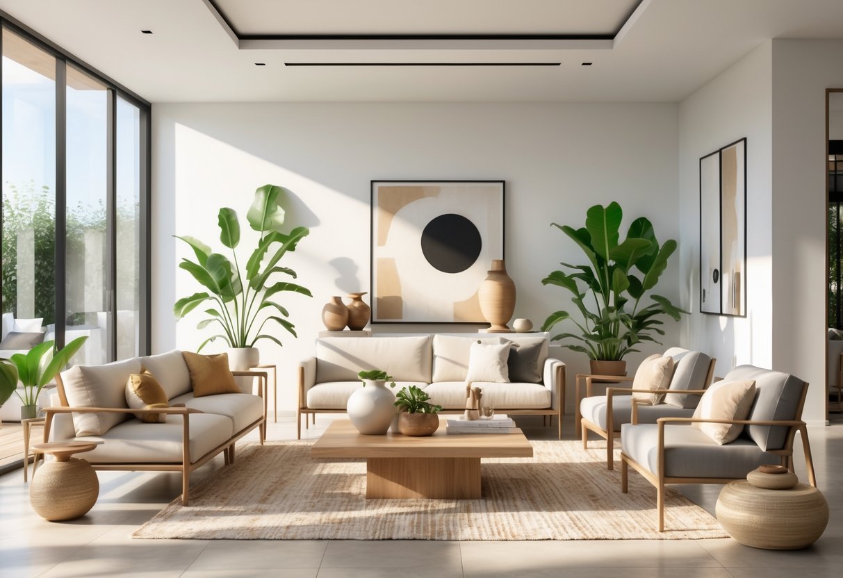 Sala de estar moderna e bem iluminada com sofá, mesa de centro, plantas e decoração elegante.